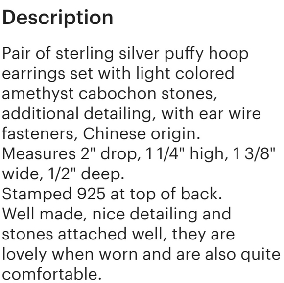 Vintage Earrings, Purple Amethyst Sterling Silver Puffy Hoop Drop Earrings - Picture 6 of 6